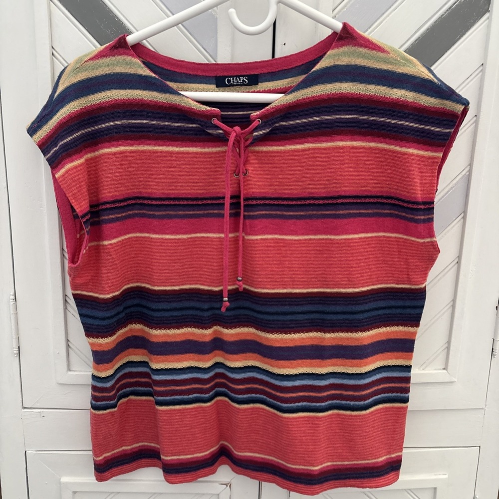 Chaps Women's Petite Multicolor Striped Southwest‎ Cap Sleeve Linen Blend Knit - Picture 10 of 14